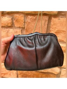 Vintage - Ande Soft Black Leather Clutch Purse With Gold Metal Shoulder Chain